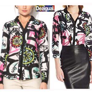 Desigual by Christian Lacroix Abstract Print Blouse Removable Collar Small